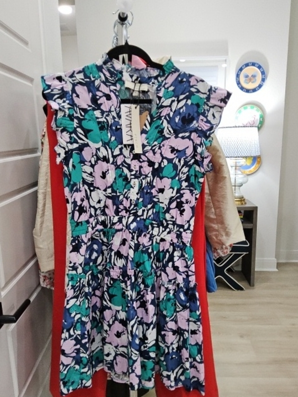 Pinch Floral Ruffle-Sleeve Mini Dress - Teal, Navy, Lavender